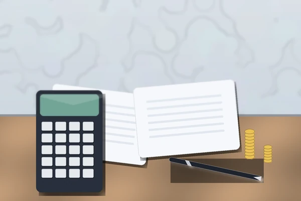 Fotorealistische Schreibtisch-Szene mit Verträgen, Rechner und Münzstapeln – Symbol für Rente versus Einmalzahlung