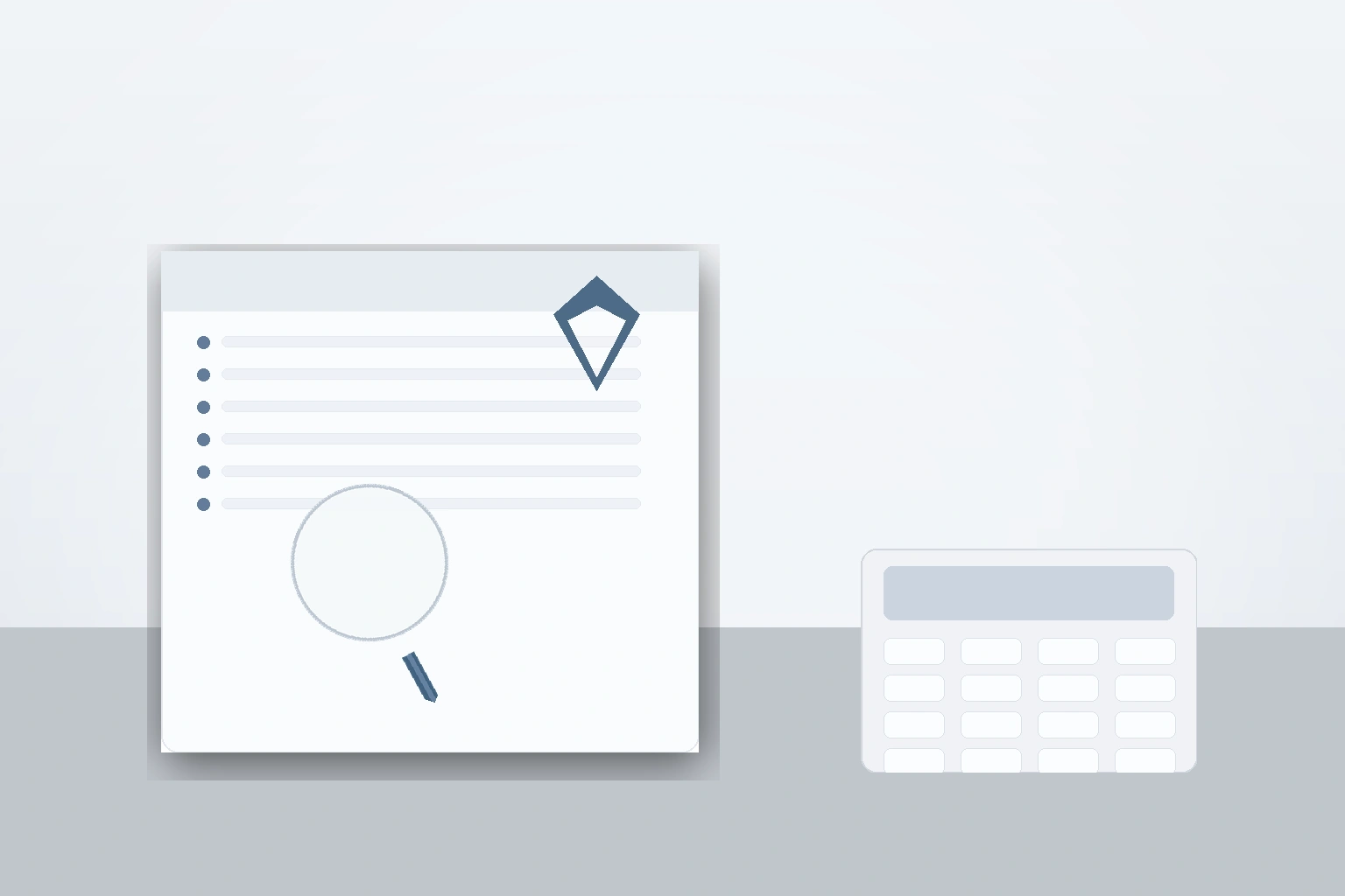 Symbolbild: Dokument, Schutz-Schild, Taschenrechner und Lupe – Loss-of-Licence Versicherung erklärt