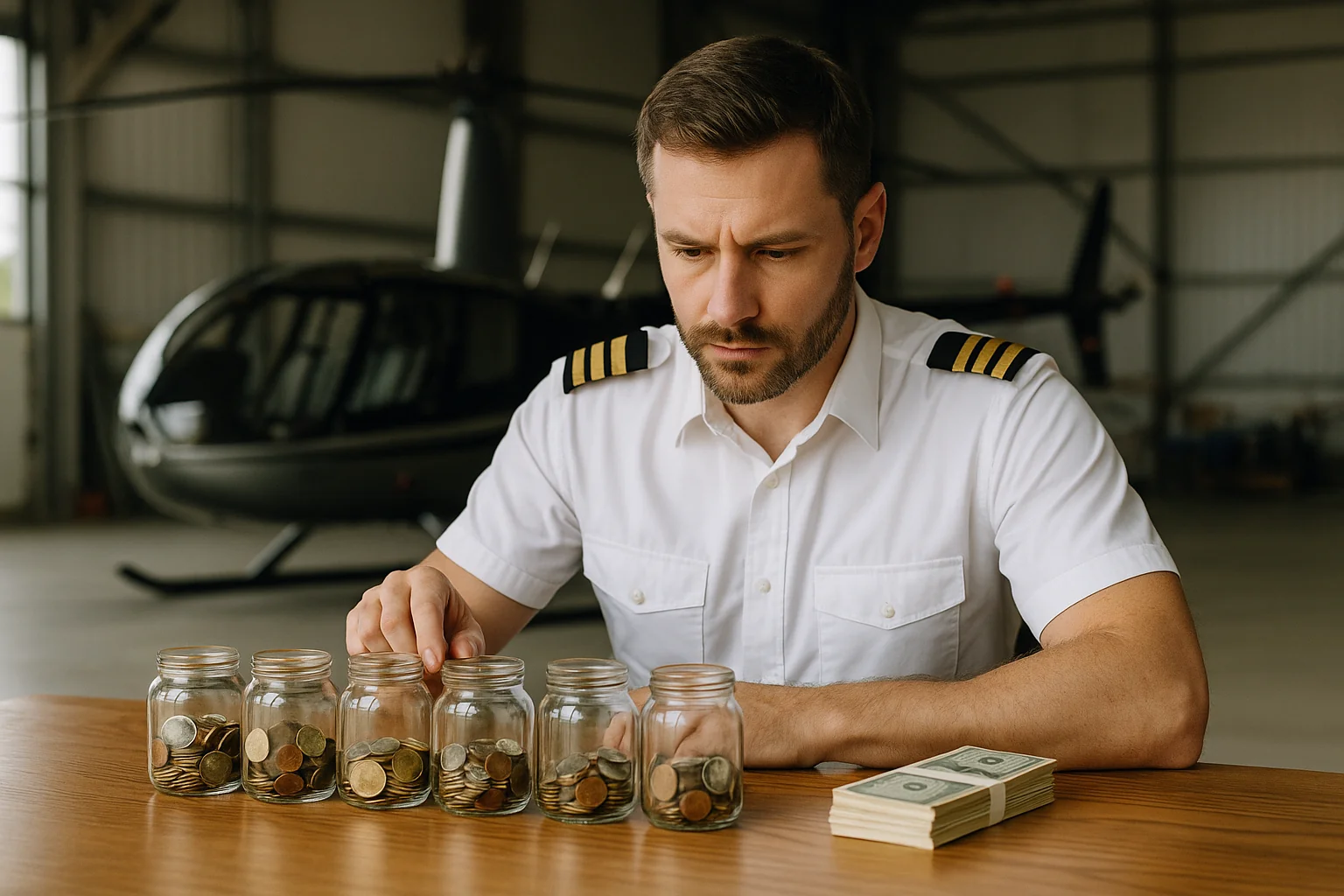 Helikopterpilot ordnet Münzgläser für planbare Monatsliquidität – laufende Rente statt Einmalzahlung